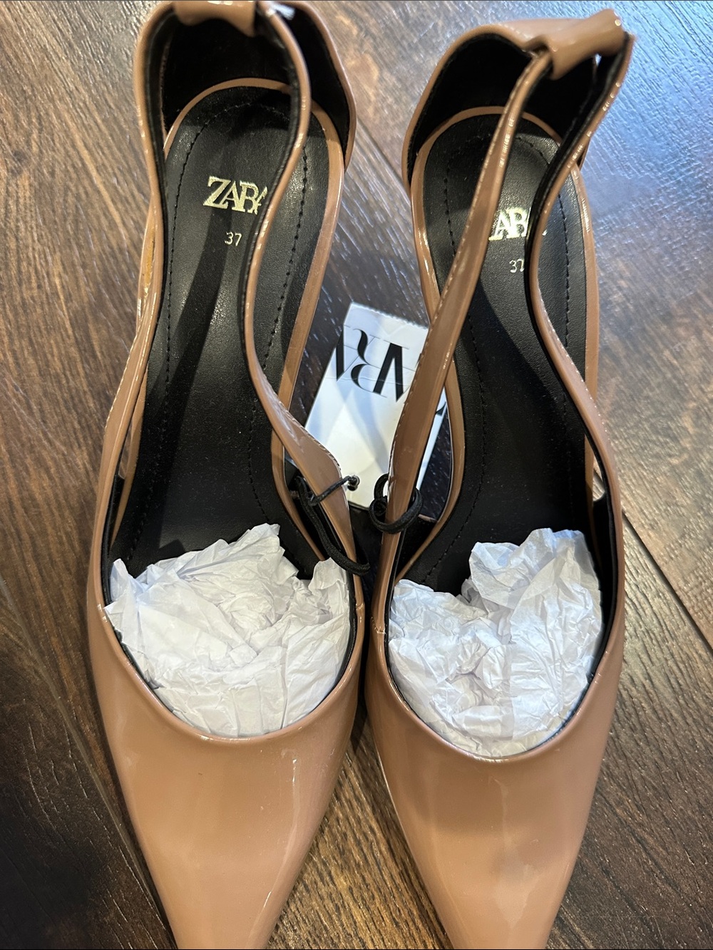 NWT Zara Patent Pointed Slingback Pumps in Nude Tan - Picture 3 of 6